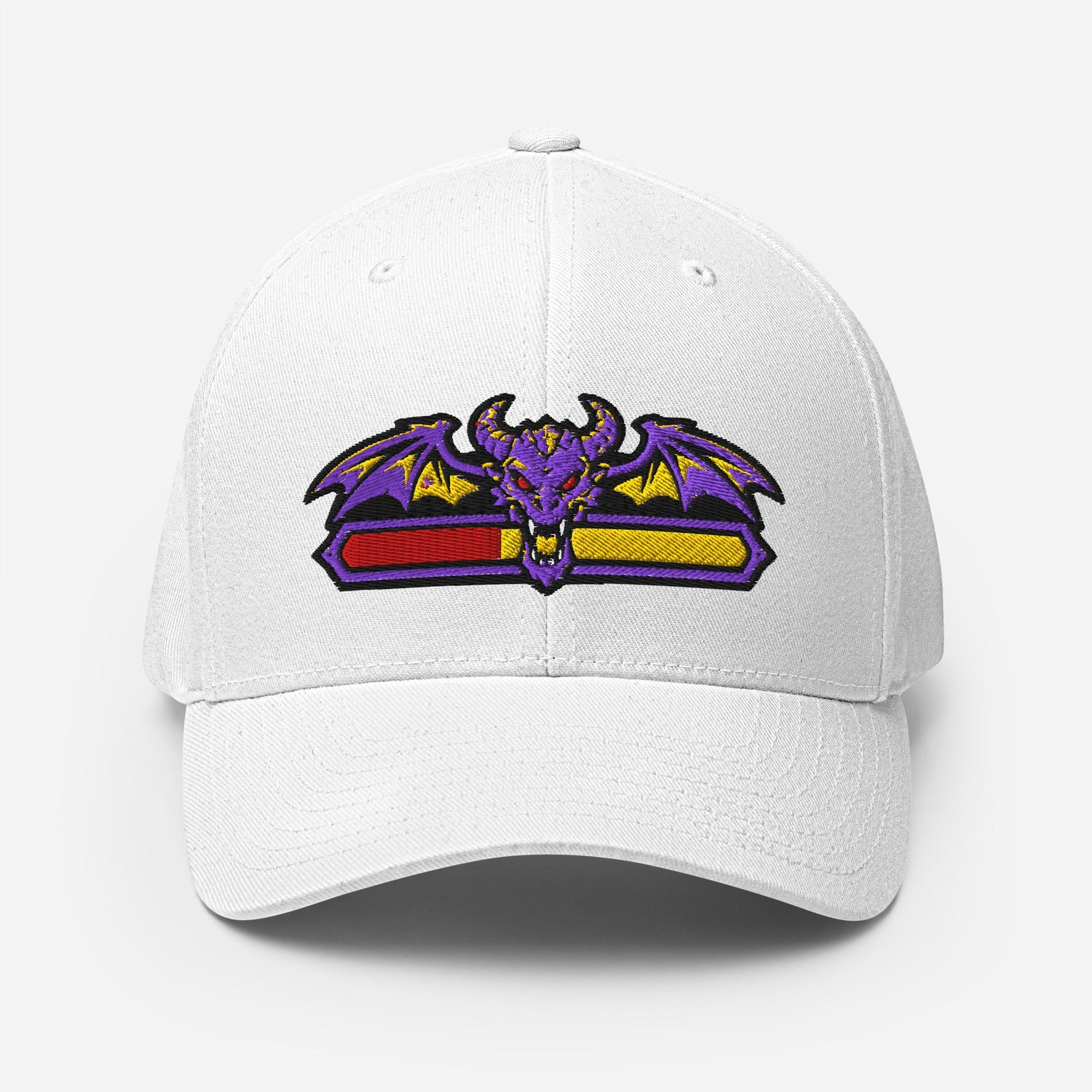 Embroidered gaming hat featuring a dragon final boss design with spread wings and a health bar underneath, inspired by fantasy RPGs, boss battles, and gaming culture.