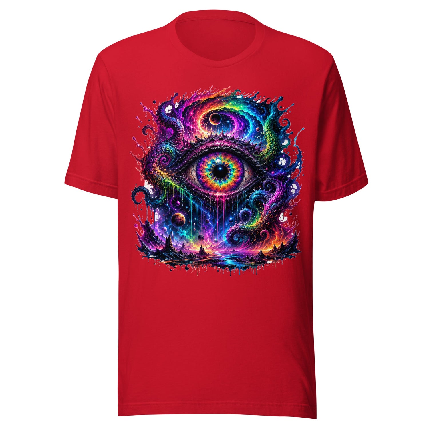 Cosmic Horror Collection featuring eldritch horror, Lovecraftian art, cosmic entities, void eyes, surreal dark fantasy, and psychedelic horror graphic apparel by Chaotic Evil Apparel.